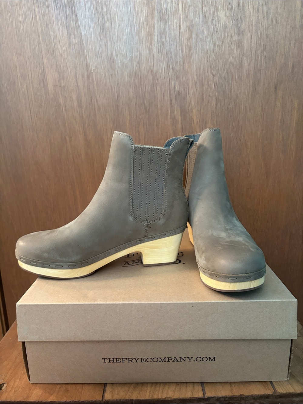 Frye Taupe Leather Chelsea Clog Booties
